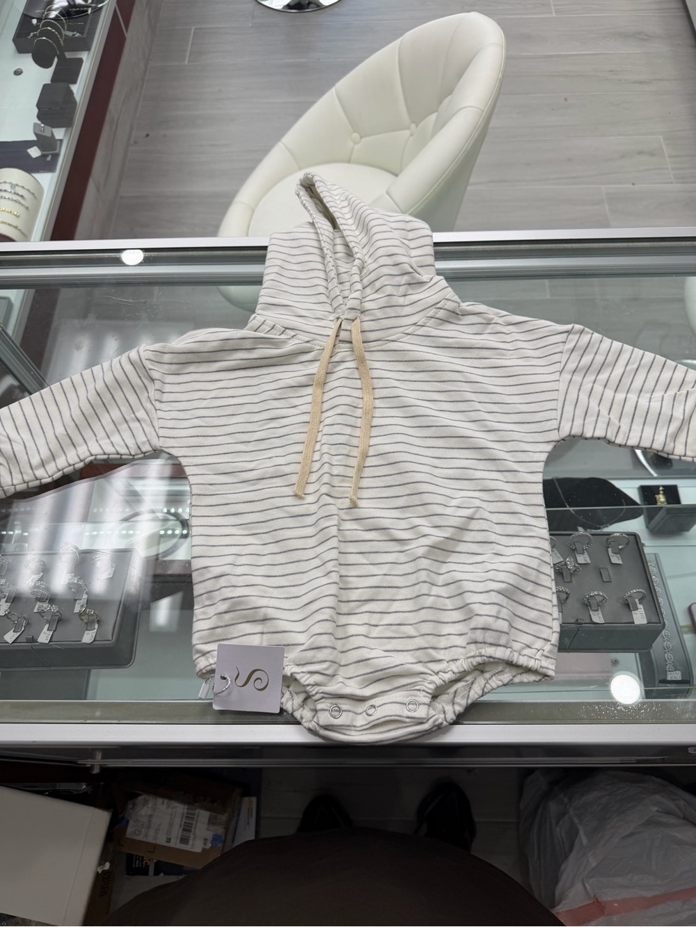 Striped Hooded Baby One-Piece Bodysuit in Light Gray